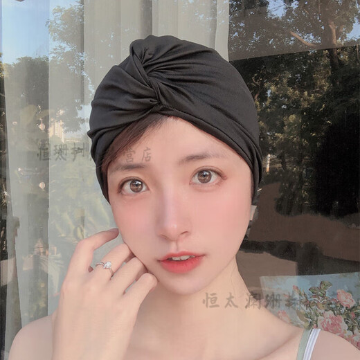 Zailu swimming cap fabric swimming cap for women with long hair that does not tie the head, cute Japanese style showing face, small enlarged head circumference, black trendy cloth, black hat + earplugs and nose clip set