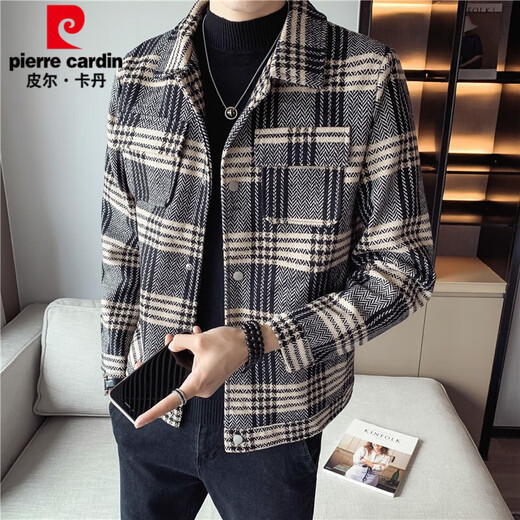 皮尔卡丹（pierre cardin）小香风夹克外套男士秋季2025新款潮流格子翻领加厚毛呢休闲春秋装 719 白 S 70-85斤