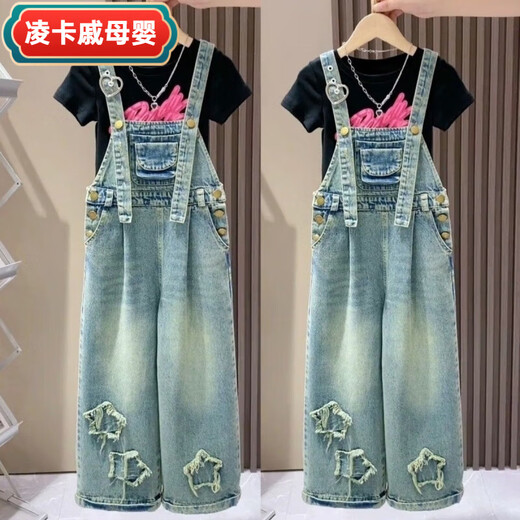 
Lingkaqi girls overalls suit summer 2025 new trendy and fashionable internet celebrity summer loose jeans medium-sized children's pants white graffiti short-sleeved + pink five-pointed star overalls 170