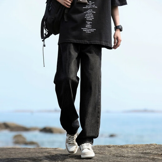 POUM 牛仔裤男秋季宽松直筒水洗裤子男港风阔腿运动工装长裤 718-K823深蓝 3XL (建议175-190斤)