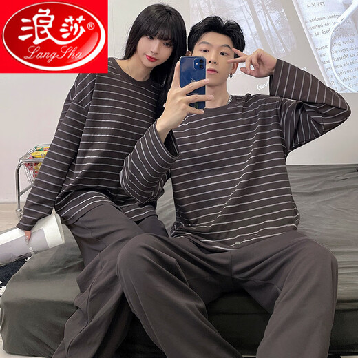 
Langsha's new couple's pajamas in spring and autumn new long-sleeved pure cotton men and women's simple and high-end striped home clothes two pieces BG_15567# double length dark gray stripes M women