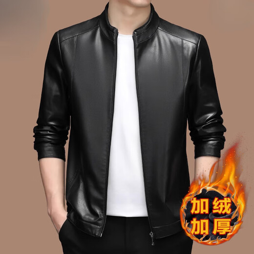 MONTAGUT Men's Autumn and Winter New Leather Jacket Business Casual Stand Collar Haining Genuine Leather Sheepskin Young Middle-Aged Jacket Black Stand Collar Thickened 2151 Velvet 185/2XL Recommended 155-170 Jin Jin equals 0.5 kg