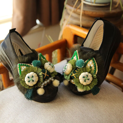 娟的绢厚底增高民族风布鞋女鞋春季新款原创虎头绣花鞋女配马面裙懒人鞋 黑绿色 36