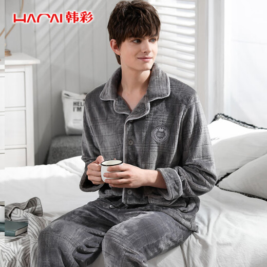 Hancai pajamas for men and women, flannel autumn and winter plus velvet and thickened couple coral velvet men's home wear set dark gray XL