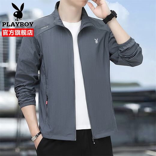 PLAYBOY Sun Protection Jacket Men's Ice Silk Jacket Summer Men's 2025 New Fashion Casual Thin Cool and Breathable Dark Gray XL