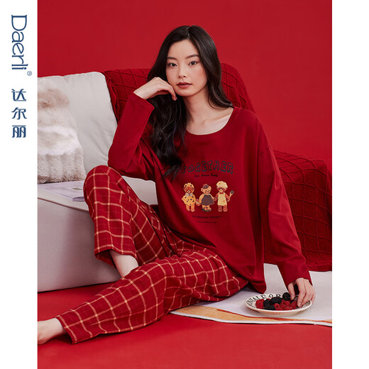 Darli red round neck couple pajamas for women spring and autumn pure cotton long-sleeved cartoon print wedding year red home clothes for men T8245243-029-red women M