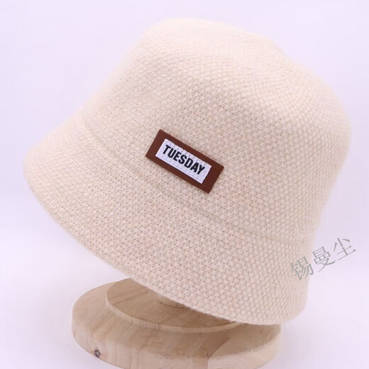 Tin Manchen Hat Women's Autumn and Winter New Fisherman Hat Wool Blended Warm and Coldproof Small Leather Label Casual Knitted Fishbowl Hat Light Khaki One Size