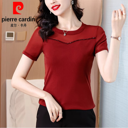 皮尔卡丹（pierre cardin）网纱打底衫女短袖t恤女2025新款夏季黑色妈l妈装小衫修身蕾丝上衣 黑色 A1585【短袖】 2XL