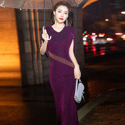 NUKM高端晚礼服女时尚网红新款蓝色长款名媛气质端庄年会鱼尾主持人裙 蓝色【9955】长款140CM XL 120-135