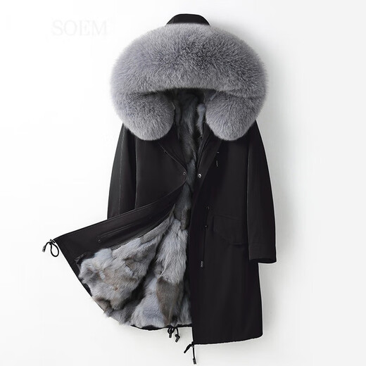 
SOEM high-end fur Haining 2025 winter parka coat for women fox fur collar parka fur women detachable medium-length black shell natural color fox fur inner liner L
