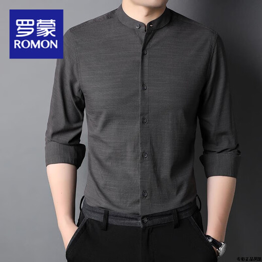 ROMON long-sleeved shirt men stand collar Chinese style solid color shirt men linen cotton trend middle-aged and young father spring and autumn top 9930 rose red M 165/105 suggestions [160C-170C, 90Jin [Jin equals 0.5 kg]