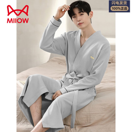 Catman MIIOW waffle bathrobe men's spring and autumn pure cotton medium-length men's nightgown 2025 new absorbent integrated bathrobe LJ96827 M [weight 100-120Jin [Jin equals 0.5 kg]]
