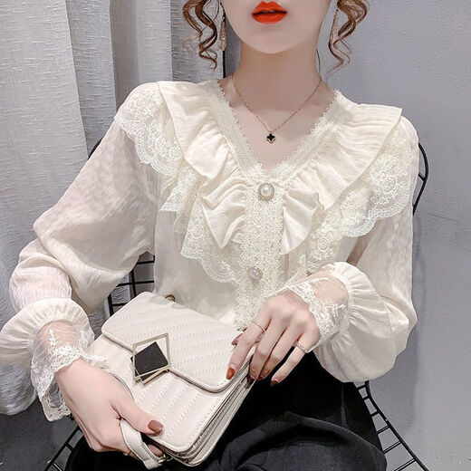 
Yu Zhaolin (YUZHAOLIN) [2694 people collect] 2025 summer new short-sleeved T-shirt for women's tops fashionable lace ruffled V-neck shirt white short-sleeved L