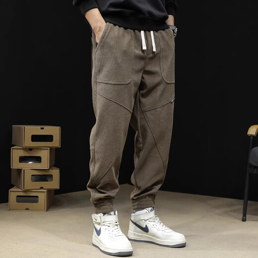 依郎酷灯芯绒休闲裤男士宽松大码男裤春秋运动卫裤男哈伦束脚裤春季裤子 驼灰色 XL 【适合145-160斤】