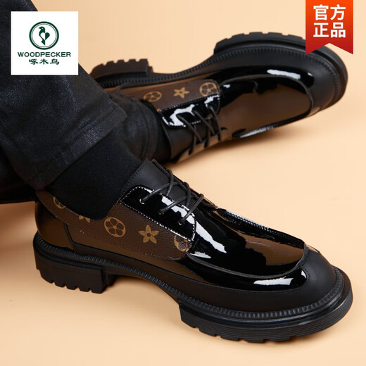 Woodpecker Men's Leather Shoes Genuine Leather Casual Glossy Round Toe British Style Leather Shoes Men's Business Formal Inner Height Thick Sole Trendy Shoes Black Regular Style 39