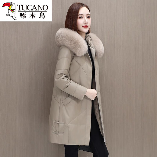 Woodpecker 2024 New Haining Leather Down Jacket Women's Genuine Leather Mid-Length Sheepskin Fur Jacket Plus Velvet Thickening Purple Gray XL Recommended 115-130 Jin Jin equals 0.5 kg