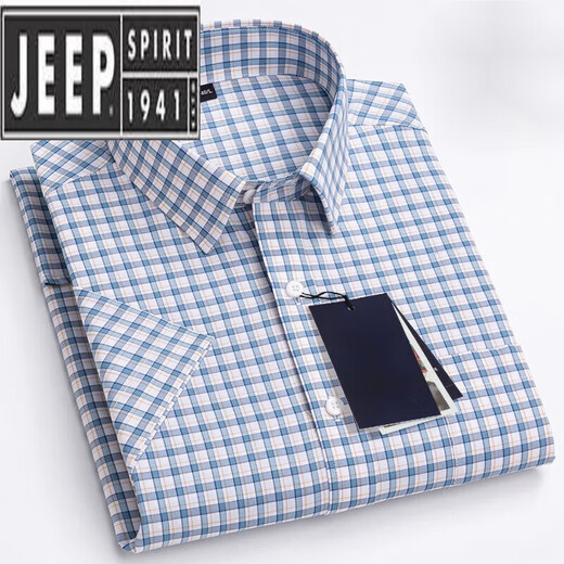JEEP SPIRIT夏季仿纯.棉小格子衬衫男短袖薄款韩版修身潮流休闲仿棉半袖衬衣 绿色 PULO-F983 40