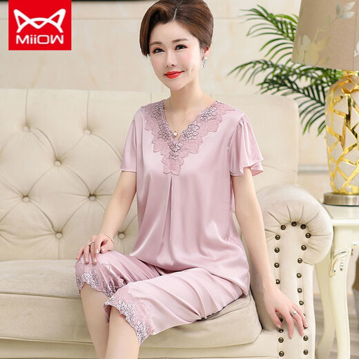 Catman Miiow Pajamas de la madre de mediana edad para mujeres en seda de verano pantalones cortos delgados de manga delgada hielo de la ropa de edad de mediana edad y anciana