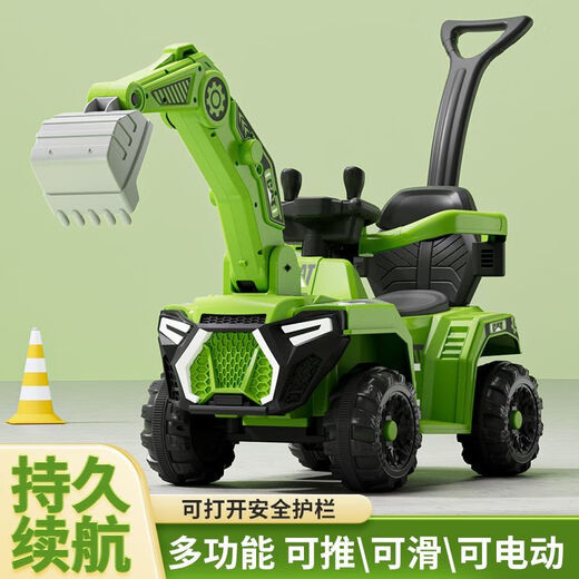 Babypure shine new children's electric car excavator baby car can sit and ride four-wheeled car baby stroller with remote control yellow all-electric + fence push rod electric + sliding dual-purpose
