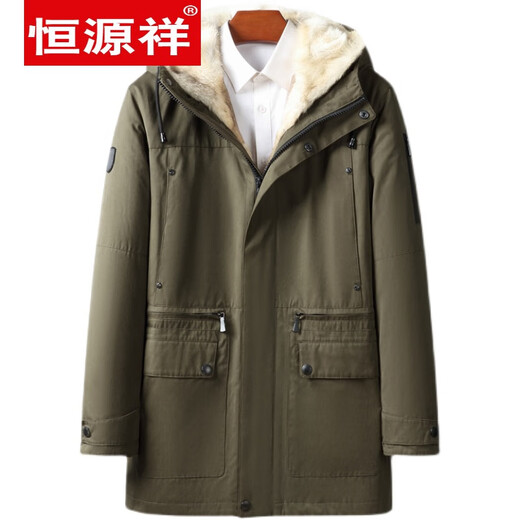 Hengyuanxiang Winter Genuine Leather Coyote Fur Liner Men's Fur One-piece Fur Pie Overcoat Hooded Outdoor Warm Jacket Army Green 2XL