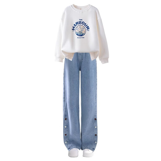 Pitt Girls Autumn Set 2025 Neuer Herbstanzug Mädchen große Kinder modische Junior High School -Schüler Kinder Herbst- und Winterstil Mädchen Fleece 13068 Blue + 4637 White 120 cm hinzufügen