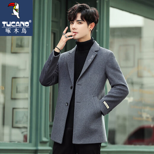 Woodpecker (TUCANO) Autumn and Winter Woolen Jacket Coat Men's Korean Style Trendy Thickened Mid-Length Woolen Jacket Men's Windbreaker Short Letter Black XL (115-130Jin Jin is equal to 0.5kg)
