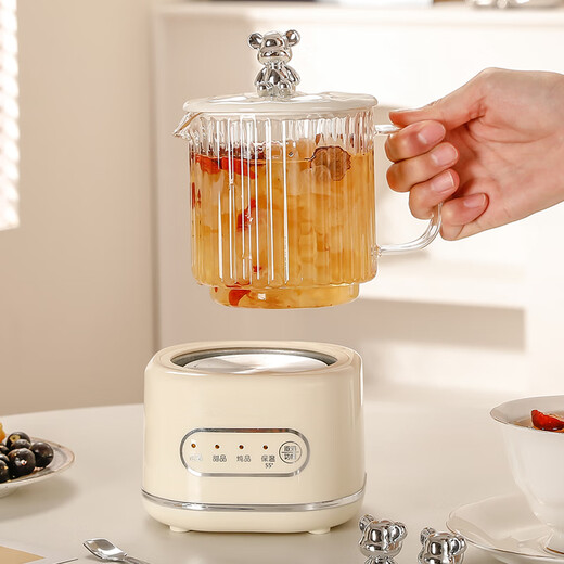 Blue Dad Health Pot Multifunctional Office One Person Small Mini Fully Automatic Insulation Intelligent Constant Temperature Tea Maker Thickened Glass Heated Flower Teapot Health Cup Stew Pot Electric Stew Cup Ivory White 0.6L Gift Box + Stirring Spoon