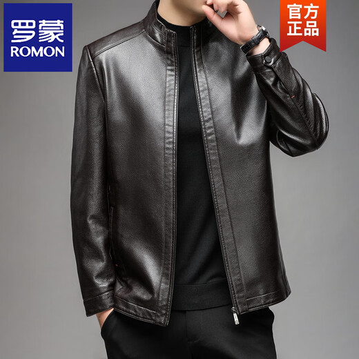ROMON Haining Leather Men's 2026 New Autumn and Winter Dad Clothing Middle-aged Men's First Layer Imitation Cowhide Leather Jacket Stand Collar Brown - Thin M 170 (100-120Jin Jin is equal to 0.5 kg)
