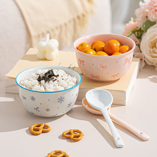 Everyday low price, new underglaze color ceramic bowl and tableware set, girlish ins style ceramic bowl and spoon, 99% people choose dreamy pink and blue two bowls and two spoons