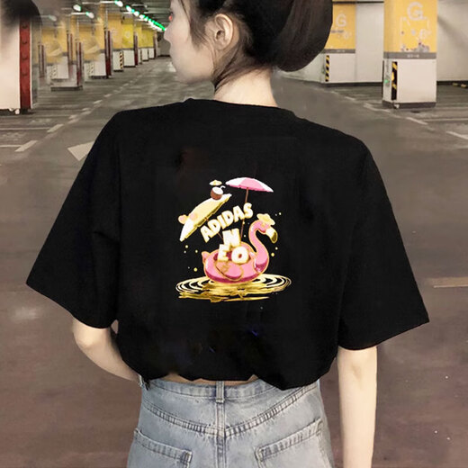 阿迪达斯 （adidas）NEO短袖女装夏季运动服时尚印花圆领衫休闲半袖上衣 IP3878黑色 S