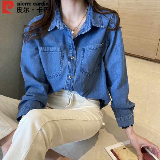 Pierre Cardin shirt women's winter retro white collar right shoulder loose layered long-sleeved denim bottoming top dark blue M
