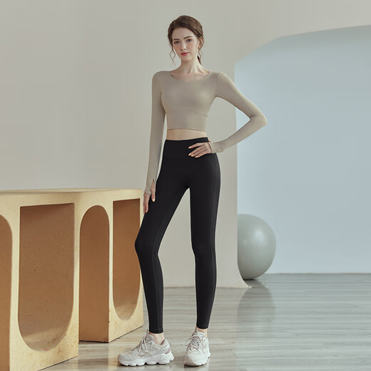 Youyou yoga clothes for women 2025 spring and summer new sports tops running Pilates training fitness clothes long-sleeved suit apricot top fixed cup breast pad + black pants M (recommended 105-120 Jin Jin equals 0.5 kg)