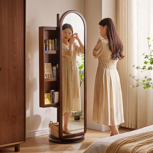 Ruifan Nordic solid wood dressing mirror living room rotating full-body mirror floor-standing home mirror bedroom storage makeup fitting mirror