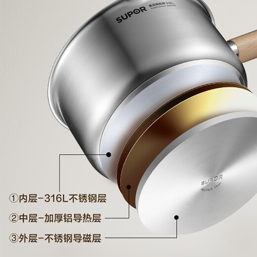 SUPOR milk pot 316L stainless steel baby food pot instant noodles hot milk small milk pot soup pot induction cooker gas universal recommended 316L stainless steel milk pot - 18cm