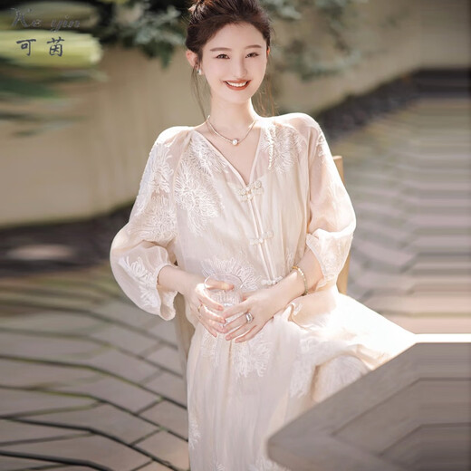 可茵（Keyin）新中式连衣裙套装女装2025年春秋新款国风刺绣温柔风中长款裙子女 上衣+半身裙 XL