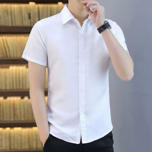 prenomen short-sleeved shirt men's business casual pocket-free cotton solid color professional wear work clothes summer new shirt 695 XXXL