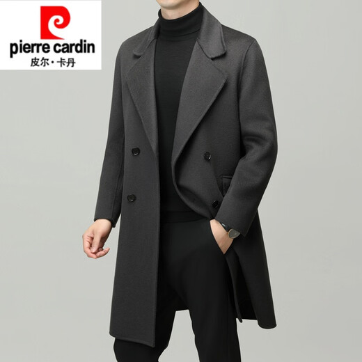 Pier Cardin Mabet en laine haut de gamme pour hommes Mentières en tweed à double boutonnage mi-longs pour hommes 2024 automne et hiver Luxury luxe en laine noir [style unique sans doublure intérieure] l 175