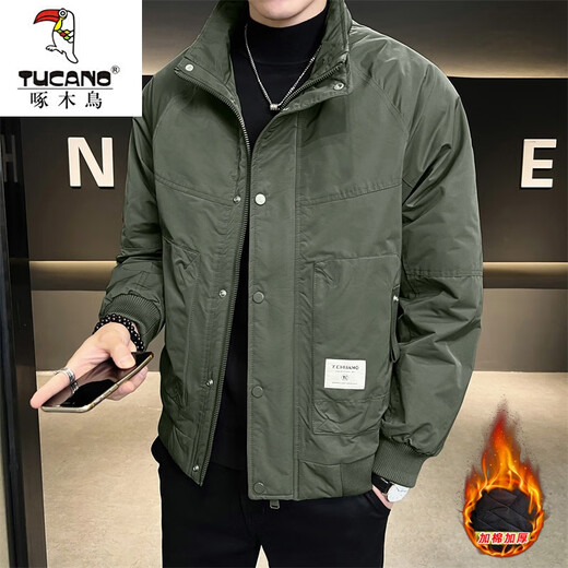 Woodpecker (TUCANO) Cotton Thickened Men's Warm Jacket Autumn and Winter New Style Jacket Casual Trendy Versatile Workwear Stand Collar Men's Cotton Jacket 858 Cotton Jacket Khaki XL 130-140Jin Jin is equal to 0.5 kg