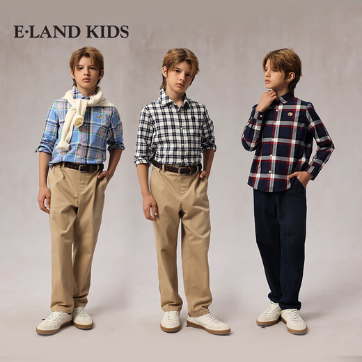 E LAND KIDS 100% cotton Eland boys' shirt 25 spring new arrival college style badge embroidered plaid Red/20 160