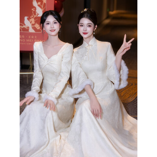 创京懿选伴娘服秋冬款中式2024新款姐妹团晚礼服裙女宴会气质平时可穿冬季 香槟色A中式两件套 襟1098 L