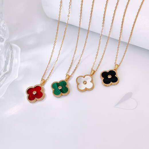 18K gold four-leaf clover diamond pendant rose gold color gold pendant au750 gold chain set birthday gift for girlfriend white mother-of-pearl 18K gold rose gold (with 18K gold necklace)