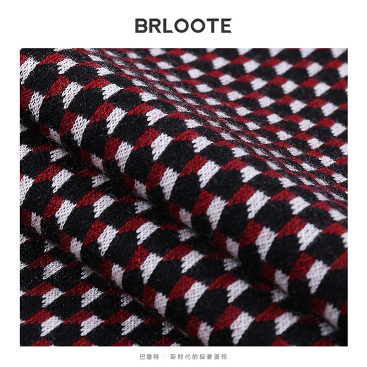 Brloote jacquard wool sweater for men, diamond plaid sheep wool warm sweater for winter, black and red 170/92A