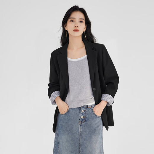 Dialogue (DUIBAI) lightweight shoulder pad silhouette suit jacket for women 2026 spring new style small temperament casual commuting small suit quiet black M