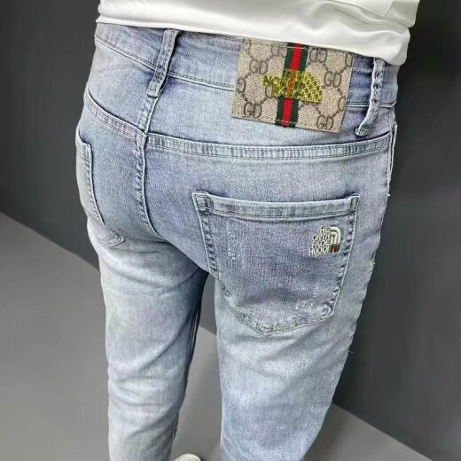 xcfreht潮流刺绣牛仔裤男韩版休闲弹力百搭修身小脚裤潮牌高端浅色九分裤 亿牛9930蓝色加绒加厚 29