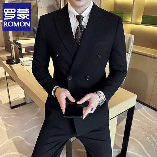 ROMON double-breasted gun lapel suit men's suit slim casual Korean style business formal men's wedding three-piece suit 338 black double-breasted suit + trousers XL