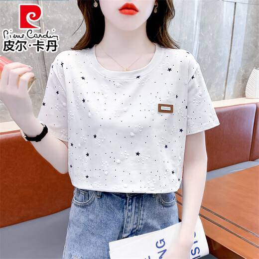 Pierre Cardin Pure Cotton Kurzärmelte T-Shirt für Frauen Sommer 2024 NEU LOOSSCHLIESSE BEDEUTUNG DRUCKELN STANDILE T-Shirt Top Trend 1396 Blue Meteor + 8201 Blue Plaid S für 80-99 Jin [Jin gleich 0,5 kg]