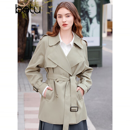 Betu women's spring new style windbreaker British style mid-length windbreaker that covers the flesh and looks slimming for women 2401T48 light khaki green M