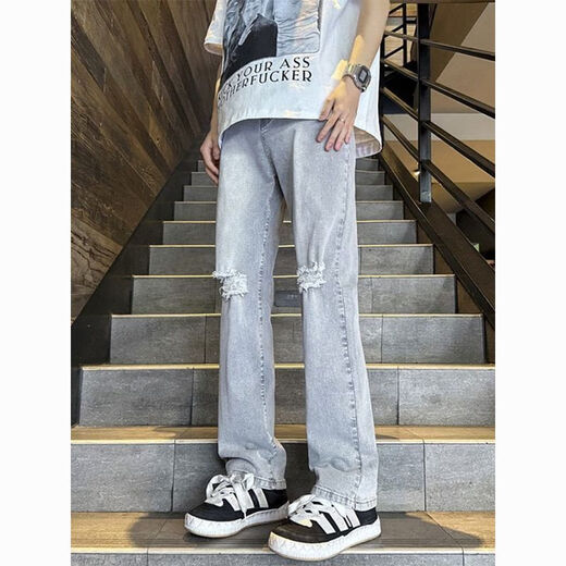 潮韩都破洞牛仔裤男生春秋夏季美式设计感修身直筒裤子潮牌显瘦休闲裤 浅蓝色G838 L