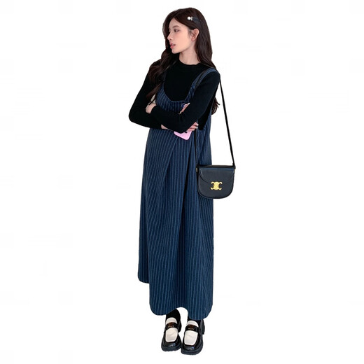 Mère de Ranqi enceinte enceinte d'automne 2025 Nouvelle robe Robe Automne et costume d'hiver Tenue haut de gamme Spring and Automn Strap Jirt Two-Piece Set Spower Jupe + Black Top (Ensemble en deux pièces) 2xl
