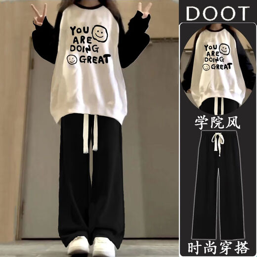 
Bafia Yue girls' clothes set 13-15 years old spring and autumn new style big children's long-sleeved female junior high school students casual two-piece set rag-shoulder sweatshirt + black drawstring pants S size recommended 60-85 Jin [Jin equals 0.5 kg]
